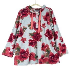 Susan Graver Weekend Gray Floral Rose Print Hoodie Tunic Top Women Large